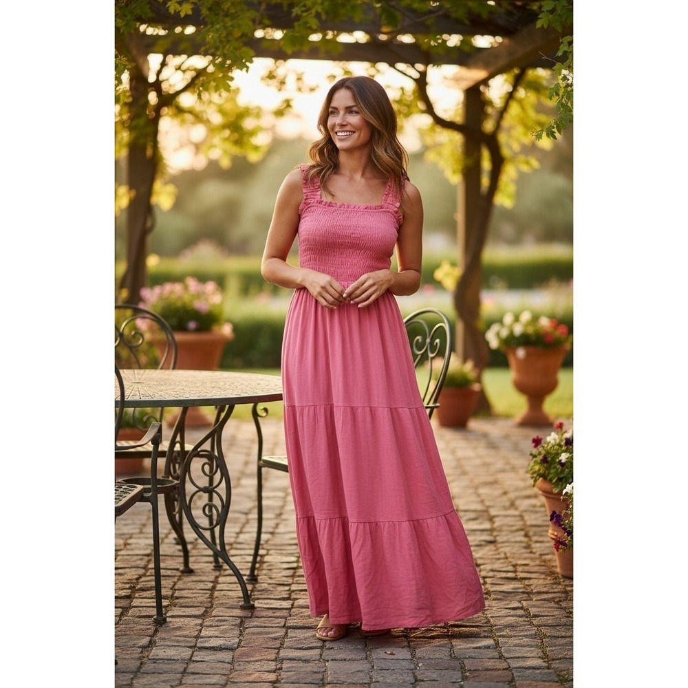 Pink Smocked Tiered Maxi Dress Cottagecore Boho Ruffle Strap Linen Blend SZ S